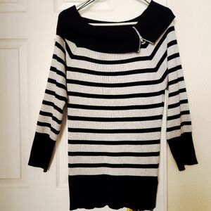 Bongo Black Gray Striped Sweater Boatneck Collar Off Shoulder Zip Long Size 1X